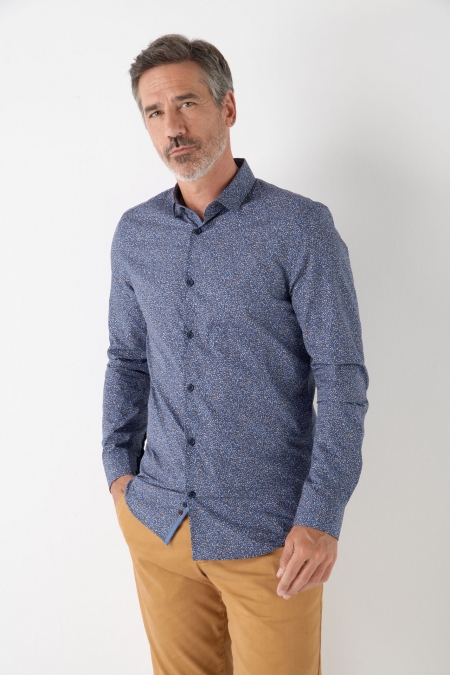 Chemise slim casual  imprimée manches longues en coton bleu pour homme 